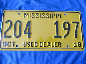 Mississippi Used Dealer License Plate 204 197 Yellow & Black 2018 never issued - Picture 1 of 2
