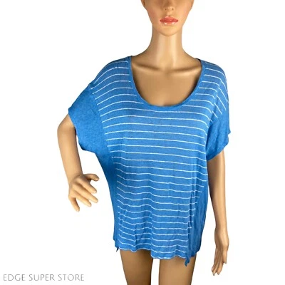 Camisa Top Vince Azul Blanco Rayas Lino Cuello Redondo Manga Corta Talla Mediana Foto 1 de 4