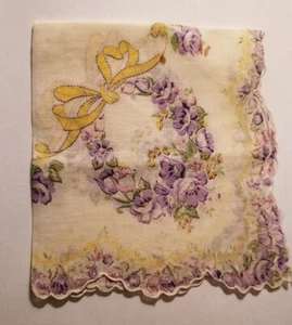 Vintage purple floral wreath handkerchief hankie w/ yellow bows 11.25" approx. - Picture 1 of 5