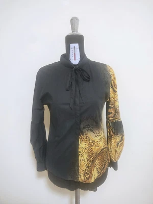 Just Cavalli Shirt Women 44 IT M/L Black/Yellow Printed Cotton + Puff Sleeves - Imagen 1 de 4