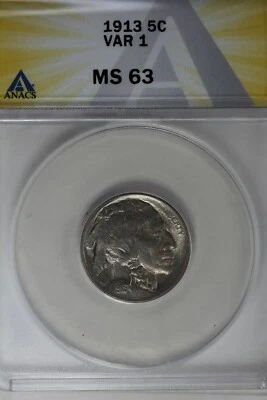 1913  .05  ANACS  MS 63 VAR 1 Buffalo Nickel, Indian Nickel, 5 Cent Piece - Image 1 of 2