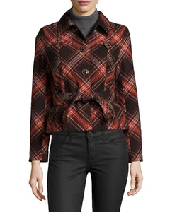 NWT $235 Women's Raison D'etre, Belted Peplum Long-Sleeve Coat, Red Plaid, S - Picture 1 of 2