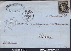 FRANCE CERES 20c N°3 SUR LETTRE GRILLE + CAD TYPE 15 SEDAN DU 15/03/1849 - Picture 1 of 2