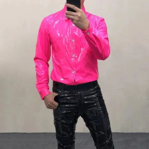 Hombres Brillo Cuero Sintético Camisa Mangas Largas Prendas para el torso Blusa Fiesta Showman Disfraz Elegante - Imagen 1 de 38
