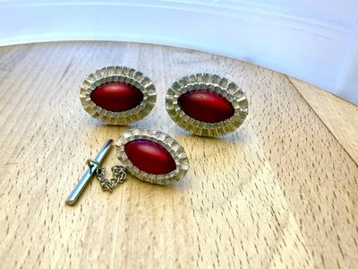 Gold Cufflinks Red Acrylic Cabochon Oval Bullet Back Men's Vintage Tie Tack - Image 1 of 2