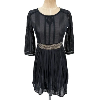 Mini Vestido Free People Negro Bordado Transparente Encaje Boho Romántico Gótico Talla 2 Foto 1 de 4