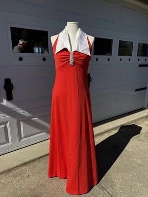 Vestido de fiesta de vacaciones años 70 naranja rojo discoteca poliéster con cuello satinado blanco talla pequeña Foto 1 de 4