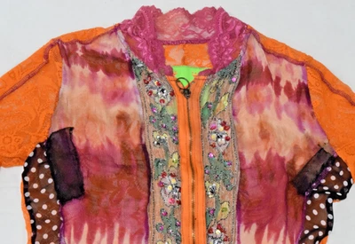 Vintage Top WooXooM Paris Size S Y2K Colorful Sheer Lace Patchwork Zip Front - Image 1 of 4