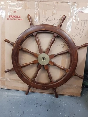 ПОТРЯСАЮЩИЙ ПОДЛИННЫЙ 36 «ДЮЙМОВ ДЕРЕВА И ЛАТУНИ ПАРУСА ЛОДКИ 8 СПИЦ КОРАБЛИ КОЛЕСО!! - Изображение 1 из 4