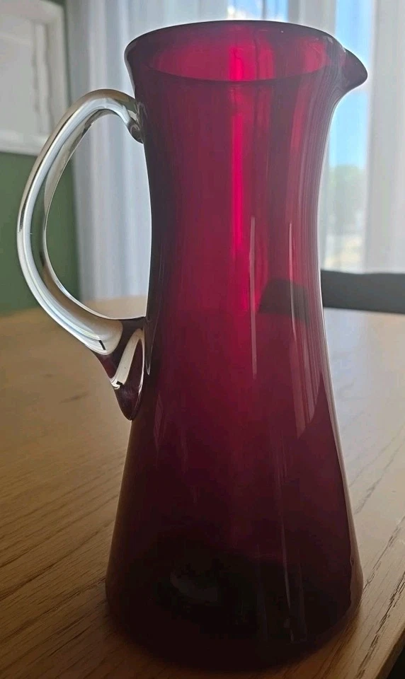 Superb Vintage Red Ruby Hand Blown Glass Pitcher Jug With Clear Handle. EC - Image 1 of 4