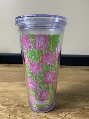 LILLY PULITZER Tumbler Floral Roses Pink & Green Missing Straw - Image 1 of 4