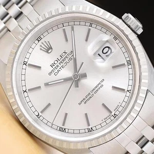 ROLEX MENS DATEJUST 16220 SILVER DIAL ENGINE TURNED BEZEL STAINLESS STEEL WATCH - Picture 1 of 9