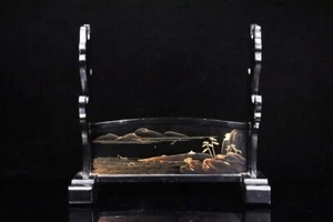 ERA KATANA-KAKE black lacquer landscape motif Gold Maki-e three-sword rack - Picture 1 of 9