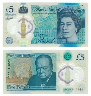 England/Great Britain 5 Pounds (2015) QE II/Churchill- p394a, B203a UNC - Image 1 of 3