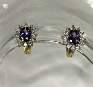 Gold Tone Crystal Hoop Huggie Earrings Purple Oval Cut Made With Swarovski - Picture 1 of 3