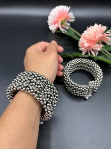 Designer Oxidized Adjustable Silver Ghungroo Bangles for wedding Set of 2 - Picture 1 of 4