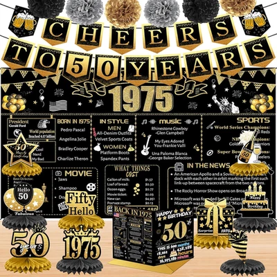 Decoraciones de 50 cumpleaños para mujeres hombres, 18 piezas oro negro en 1975 Banner De Foto 1 de 4