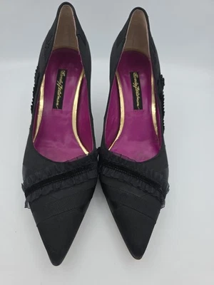 BEVERLY FELDMAN PUMPS, Black Satin Ribbon Pointy Toe Stiletto heel Shoes 8M - Image 1 of 4