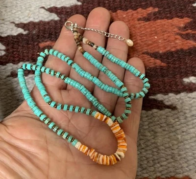 Genuine cute turquoise heishi/spiny oyster shell necklace/(B162e-w0.5) - image 1 of 2