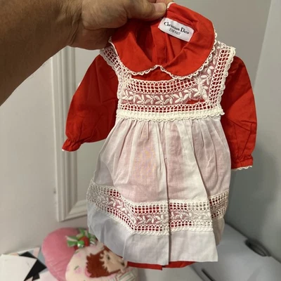 Vintage Christian Dior Girls Ruffle Dress Red With White Pinafore. - Image 1 of 4