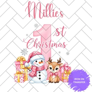 Personalizado 1ª Navidad Hierro En Transferencia Nombre Bebé Muñeco de Nieve Reno Regalo - Imagen 1 de 1