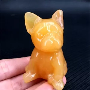 Natural Yellow Jade Quartz Crystal French Bulldog Carved Healing Animal Figurine - Picture 1 of 18