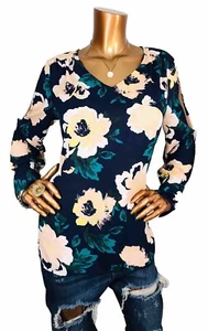 Banana Republic M Top Blumen Cold Cut Out Langarm Bluse Low V Cut Easywear - Bild 1 von 11