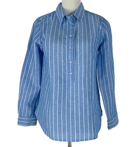 Talbots Petite Striped Popover Shirt Linen Cotton Viscose Womens Size P Blue New - Picture 1 of 11