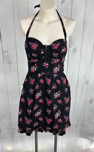 GUESS schwarz rosa Blumen Bustier Korsett ärmellos Neckholder Fit & Flare Kleid - 12 - Bild 1 von 8