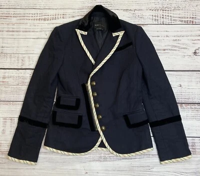 BCBG Maxazria Military Officer Blazer Coat Button Zip Velvet Trim Navy Blue XS - Image 1 of 4