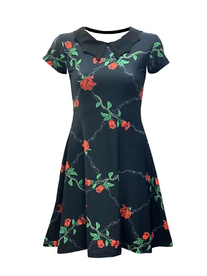 Women's Floral Rose Barbed Wire Swing Rockabilly Collar Dress Alternative Goth - Image 1 of 2