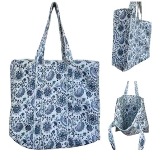 Indian Tote Bag Paisley Print Kantha Quilted Cotton in Teal, Blue & Black Design - Picture 1 of 2