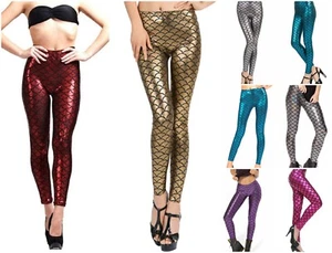 Ladies Mermaid Leggings Metallic Fish Scale Skinny Fancy Dress Party Pants - Picture 1 of 10