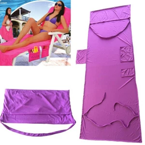 Beach Chair Cover Microfiber Holiday Sunbed Lounge Towel Cover Storage Pockets - Picture 1 of 14