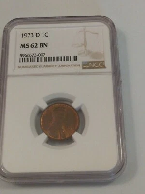 1973 D Lincoln Memorial Cent Penny Coin MS62 RB  NGC Brown Label Holder - Image 1 of 2