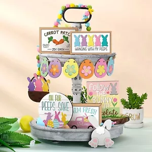 Easter Tiered Tray Decor Wooden Table Decor Signs Green Gnome Block For Party - Picture 1 of 10