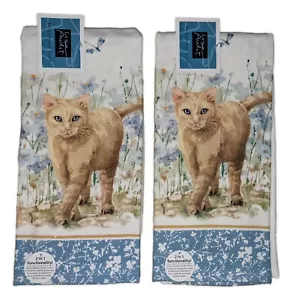 Set of 2 Bohemian Blue CAT & FLOWERS Terry Kitchen Towels by Kay Dee Designs - Picture 1 of 2