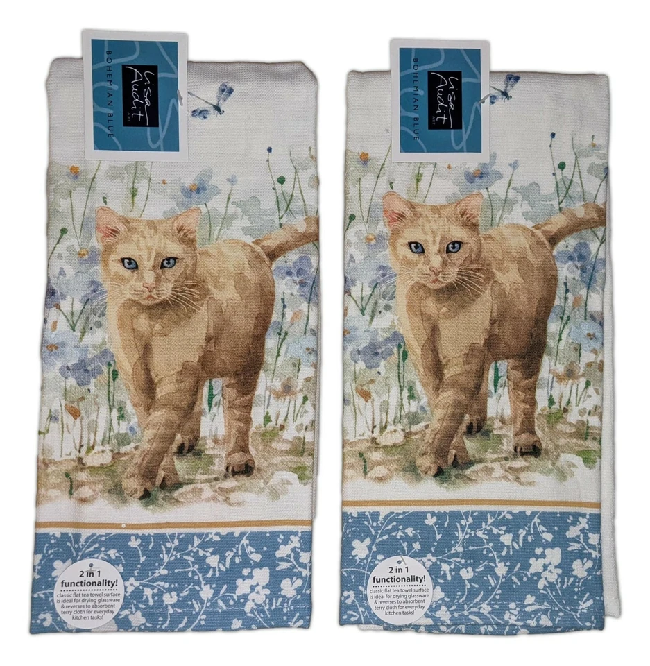 Set of 2 Bohemian Blue CAT & FLOWERS Terry Kitchen Towels by Kay Dee Designs