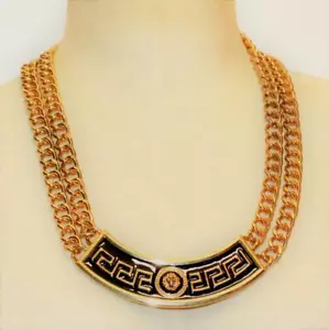 Tonalità Oro Vintage Smalto Nero Greco Medusa 2 Catene 20 " Collana - Foto 1 di 4