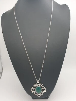 835 Argento Catena & 800 Argento Ciondolo Con Giada / Vero Argento/71,0cm/20,3g - Immagine 1 di 3