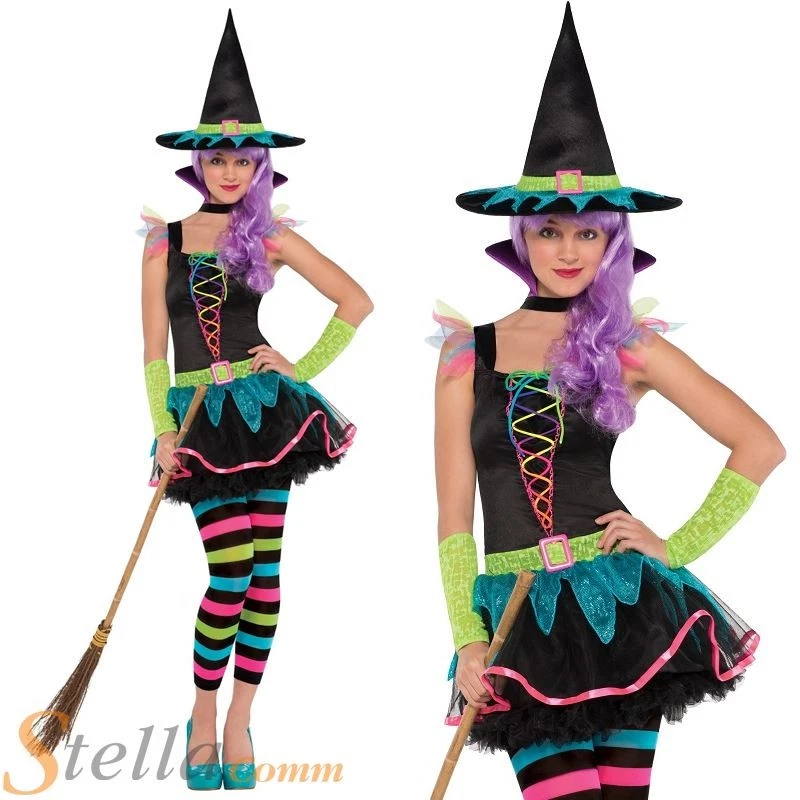 Niñas Adolescentes Neón Bruja Disfraz Niño Halloween Vestido Elegante Conjunto Edades 10-16 Foto 1 de 1