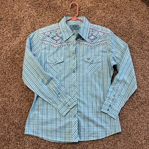 Cowgirl Hardware Womans Pearl Snap Shirt Sz. LG Blue/Native Embroidery/Western - Picture 1 of 8
