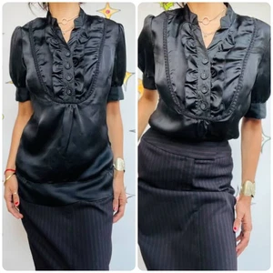 Vintage 90s Y2K | Black Silky Preppy Goth Glam Dark Academia Blouse | Size S - Picture 1 of 9