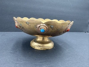 Vintage  Brass Bowl With Turquoise And Coral Marble Stone? With Patina - Picture 1 of 4
