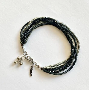 Black & Grey Miyuki & Czech multi Strand Beaded Bracelet with Stainless Steel - Picture 1 of 11