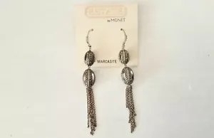 Monet Marcasite Drop Dangle Hook Tassle Earrings In Antique Gold Metal NWT - Picture 1 of 9