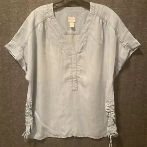 Chicos Top Bluse Damen 3 XL Chambray Tencel Rüschen seitlich Bindebündchen Tunika Shirt - Bild 1 von 9