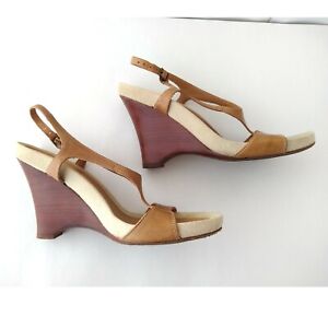 Hush Puppies Tan Leather & Suede Wedge Platform Heels Sandals Womens Size 10