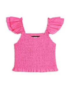 KatieJnyc Joanna Smocked Crop Top Girls L Neon Pink Square Neck Pullover S/S - Picture 1 of 15