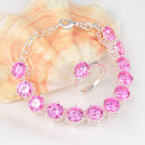 2024 Woman Jewelry Round Sweet Pink Topaz Gems Silver Bracelet Rings Set New